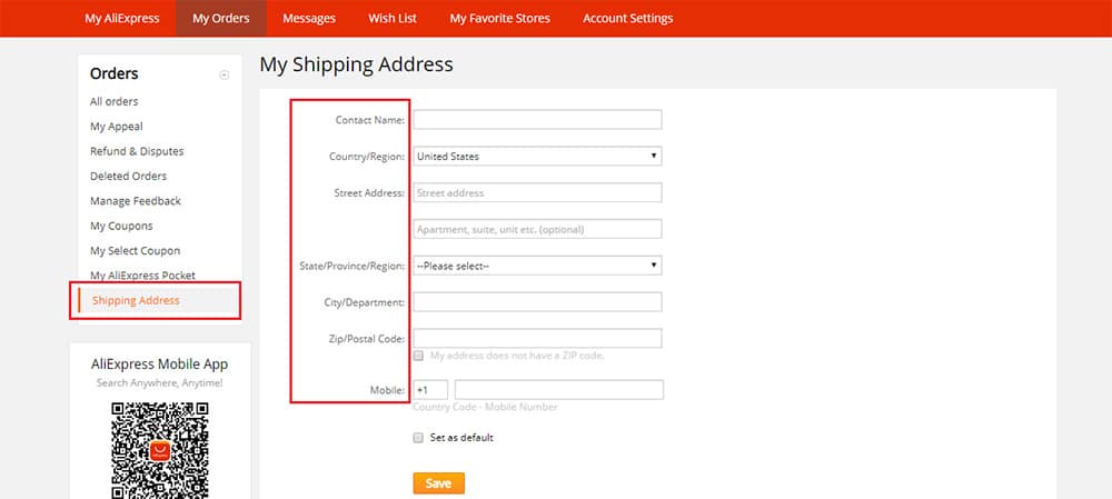add shipping address on aliexpress