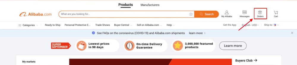 click on the orders tab on alibaba page
