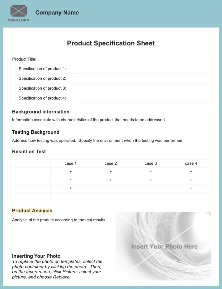 product specification sheet template 1