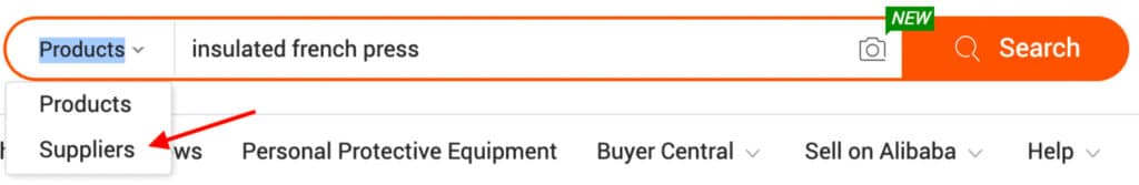 search for a supplier in alibaba search bar