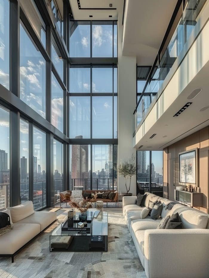 a large penthouse living room with floor to ceiling windows
