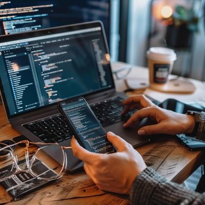 a person using his laptop and looking at the phone