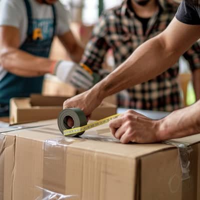 a worker is taping cardboard boxes with tape