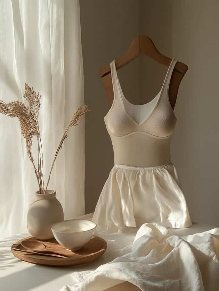 A sleek, minimalist underwear and bra set in neutral tones