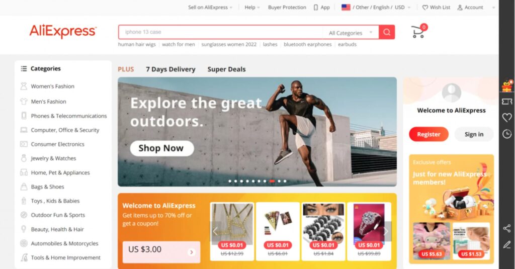 AliExpress homepage showing product categories and affordable prices