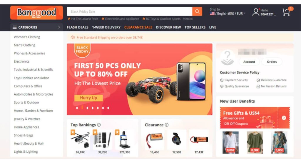 Banggood homepage showing many product categories
