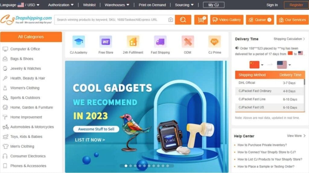 CJDropshipping homepage showing product options and services