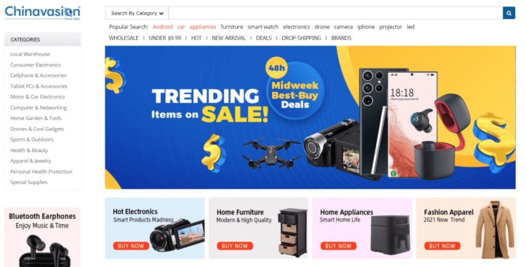 Chinavasion homepage showing its variety of electronics
