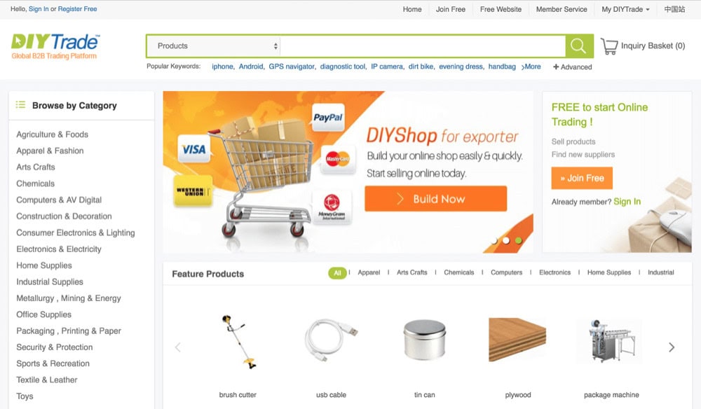 DIYTrade homepage showing product categories and supplier profiles