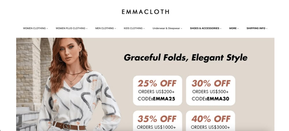 Emmacloth homepage showing stylish women’s clothing categories