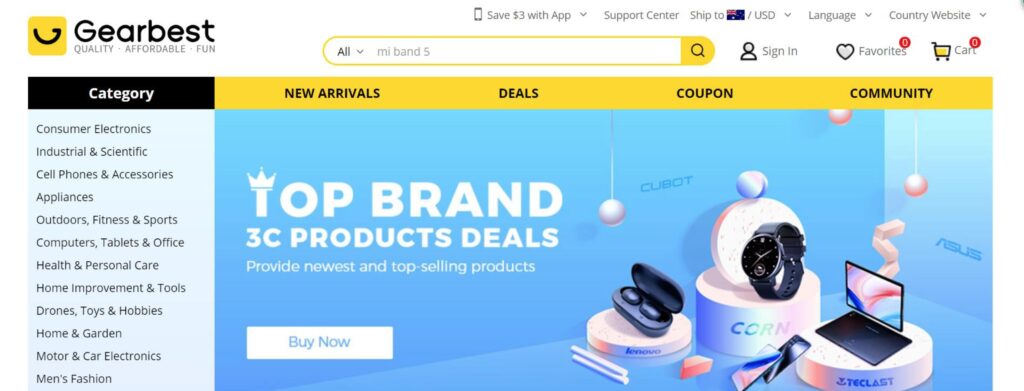 Gearbest homepage showing electronics and gadgets