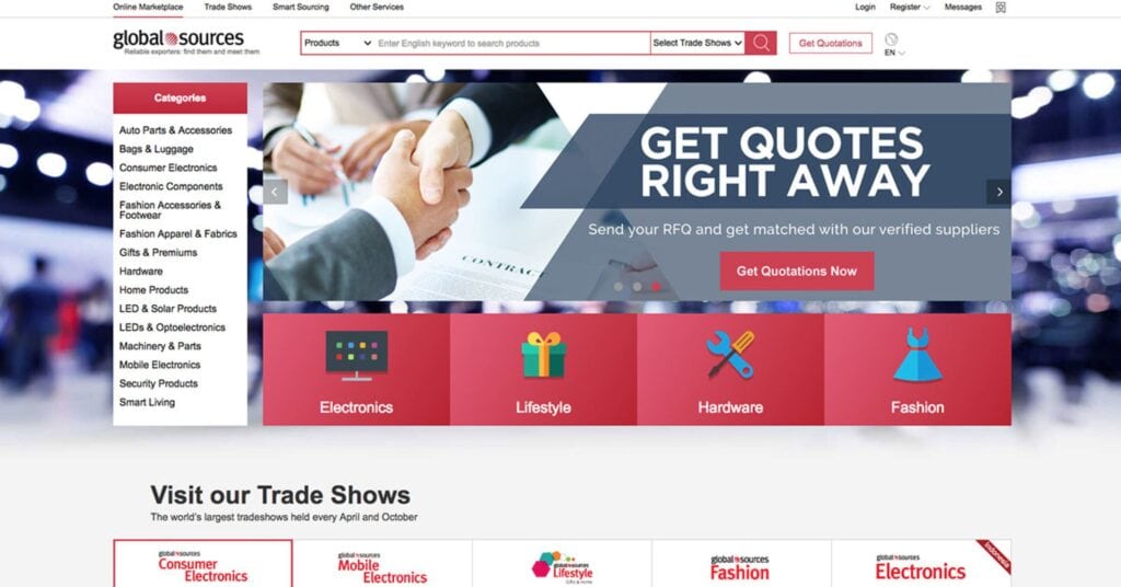 Global Sources homepage showing product categories and supplier options