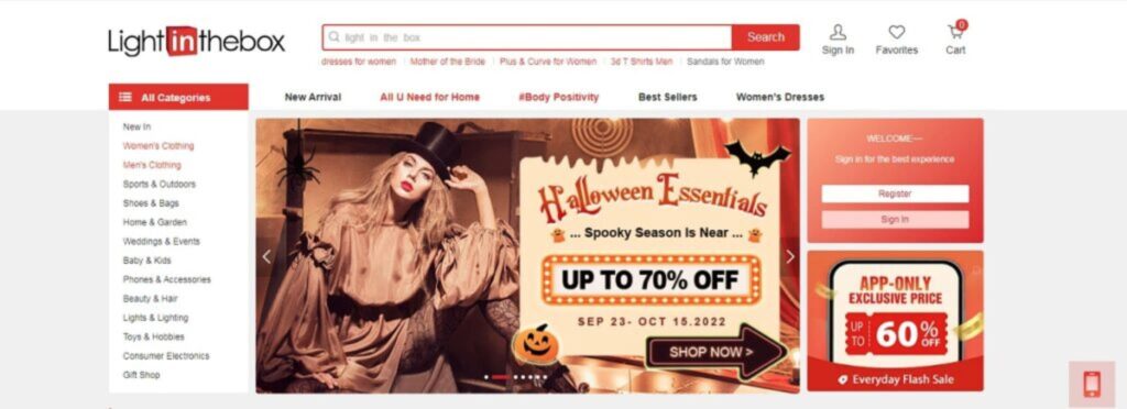 Lightinthebox homepage showing product categories and discounts
