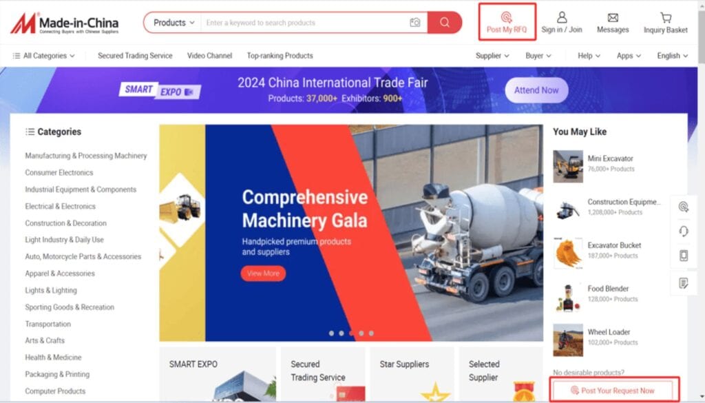 Made-in-China homepage showing product categories and supplier options