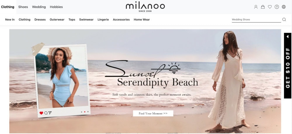 Milanoo homepage showing fashion and costume categories