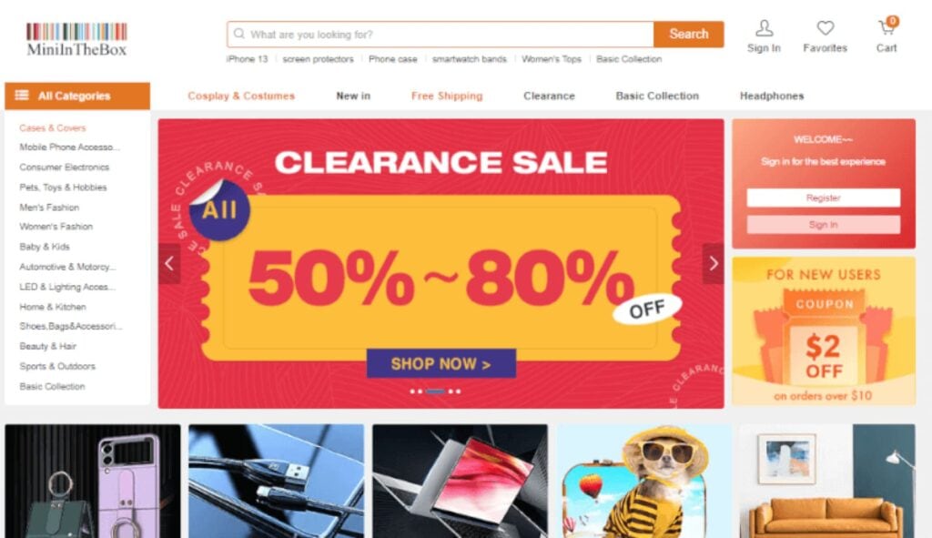 MiniInTheBox homepage showing its wide selection of gadgets and electronics