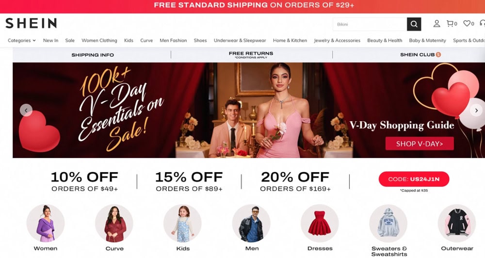 SHEIN homepage showing trendy clothes and affordable prices