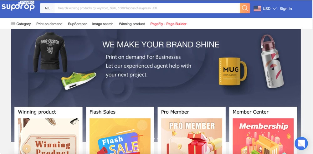 SupDropshipping homepage showing tools for dropshipping businesses