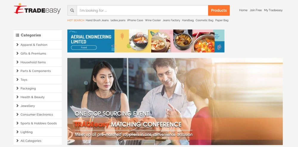 TRADEeasy homepage showing tools for finding suppliers and managing trade