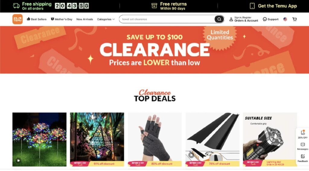Temu homepage showing product categories and affordable prices