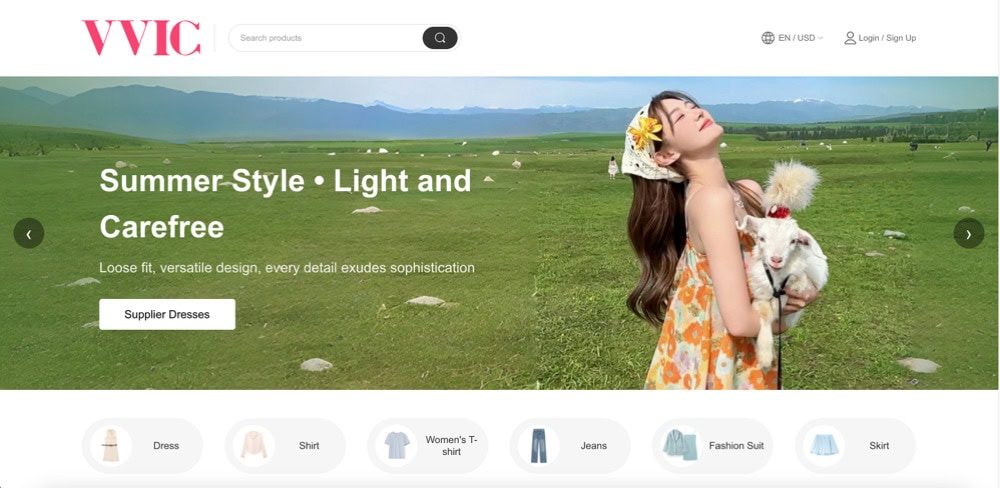 VVIC homepage showing stylish clothing categories