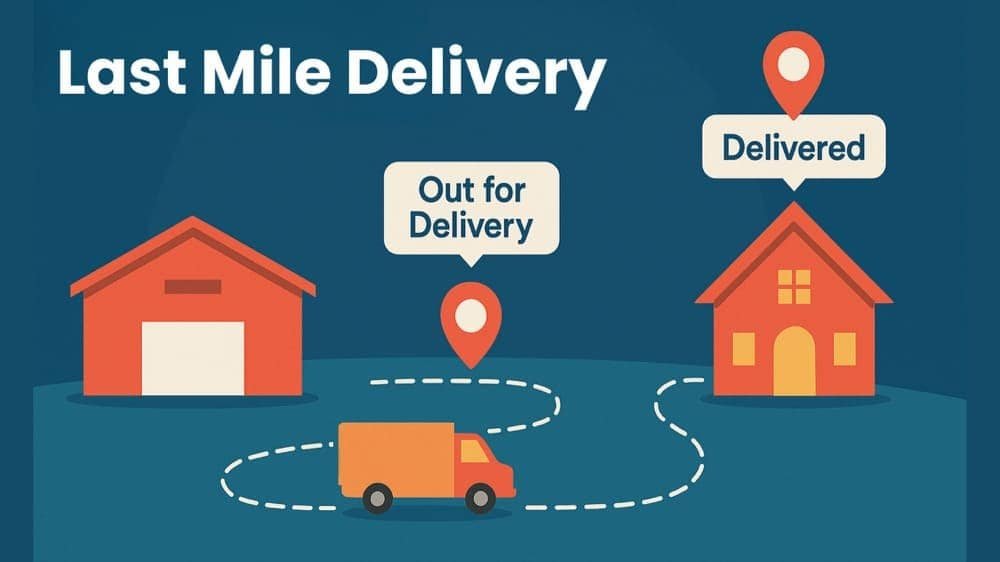 Illustration of a delivery truck en route from a warehouse to a house, highlighting "Last Mile Delivery