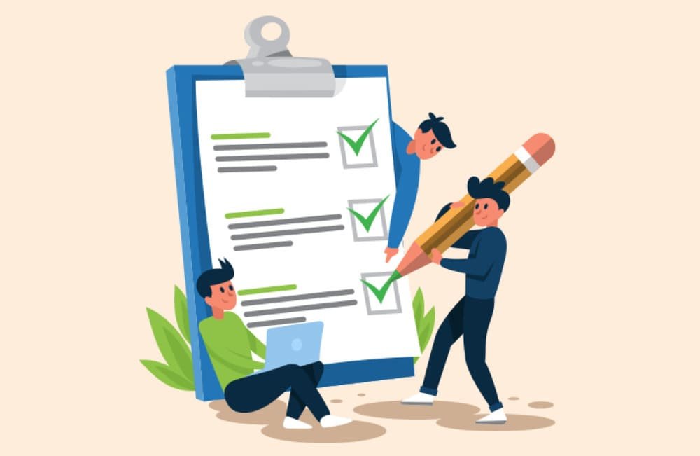 Illustration of three people interacting with a large checklist on a clipboard, with one seated, one holding a giant pencil, and one peering over the top