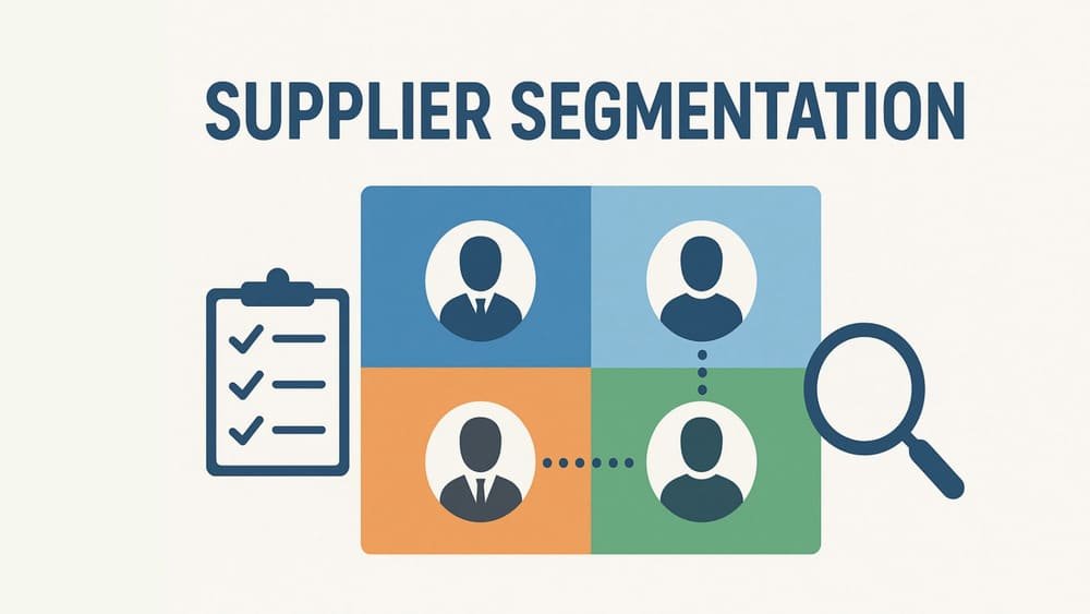 Illustration of supplier segmentation with quadrants, silhouettes, clipboard, and magnifying glass.
