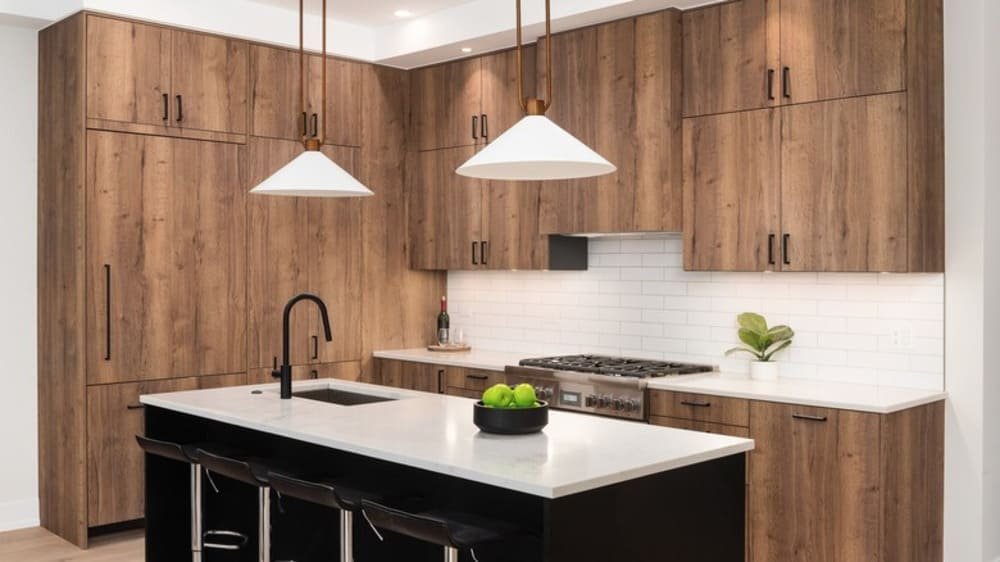 A modern kitchen with wooden cabinets, white countertops, black island, and two pendant lights
