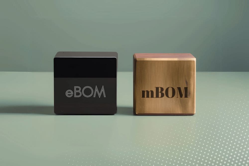 Two contrasting cubes labeled "eBOM" and "mBOM" on a green background