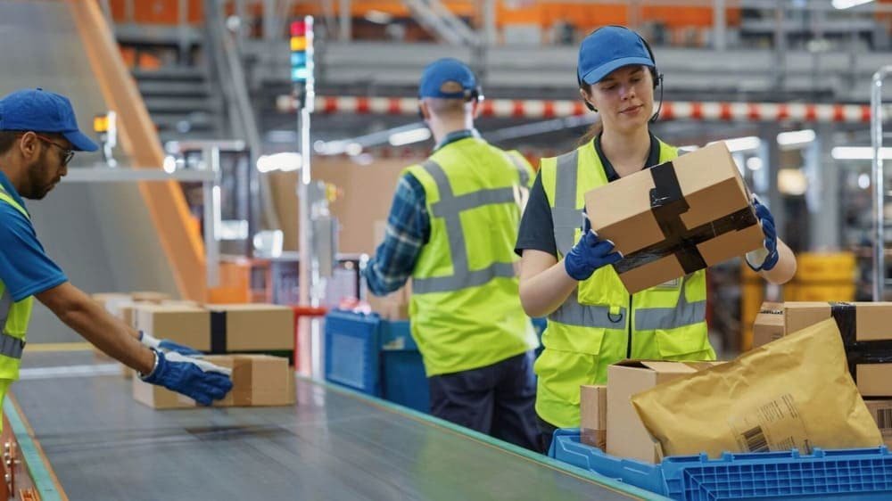 Warehouse workers sorting packages on a conveyor belt