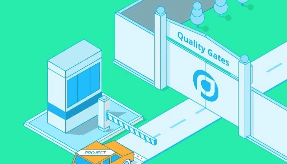 Isometric illustration of a checkpoint labeled "Quality Gates" with a project vehicle approaching