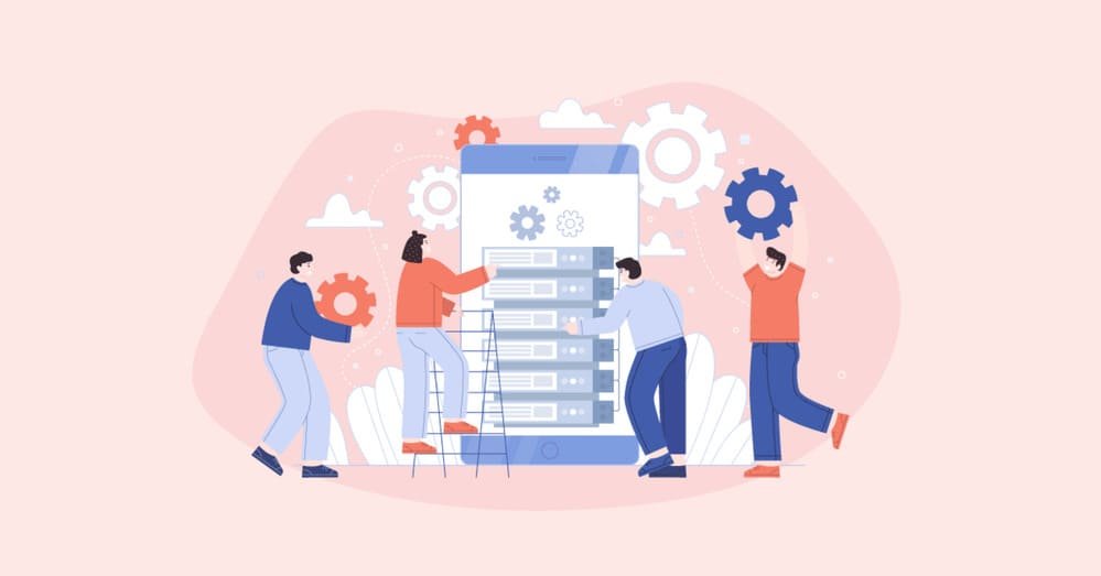 Illustration of four people interacting with a giant smartphone displaying server racks and gear icons