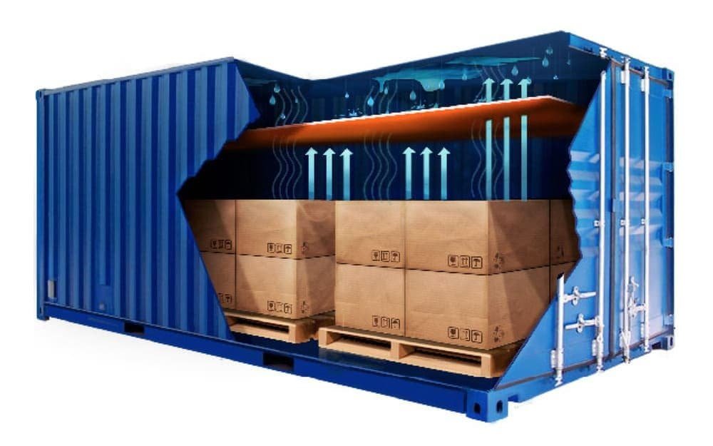 Blue shipping container cutaway showing stacked boxes and airflow graphics
