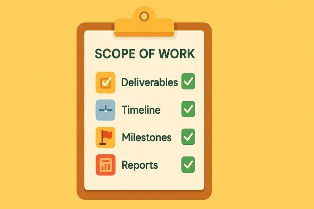 A checklist on a clipboard titled "Scope of Work" with four items, each marked with a checkmark.