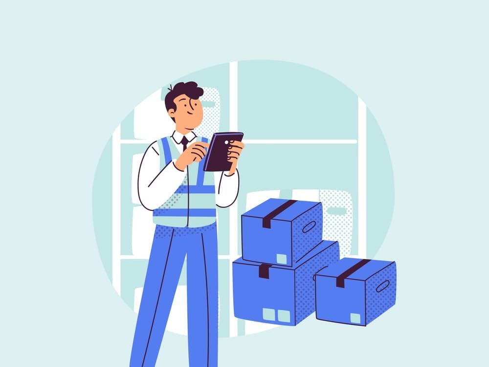 Cartoon of a person with a tablet next to stacked blue boxes.