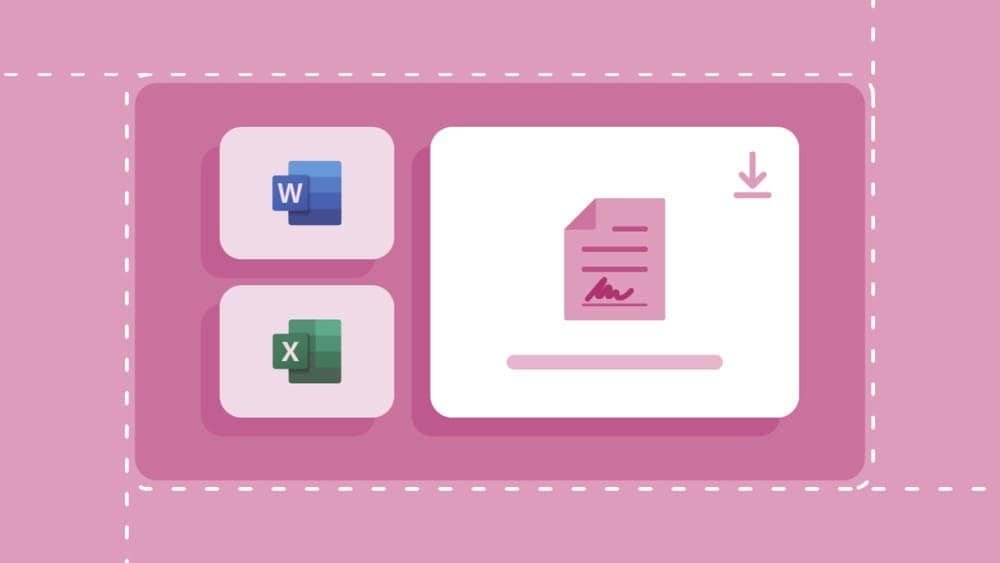 Icons of Microsoft Word and Excel next to a document with download symbol on a pink background