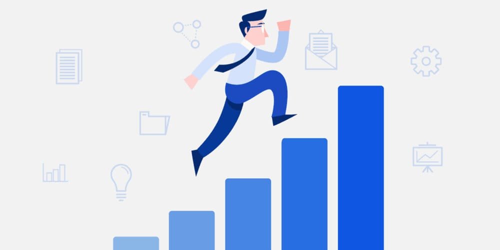 Illustration of a person climbing ascending graph bars with business icons in the background