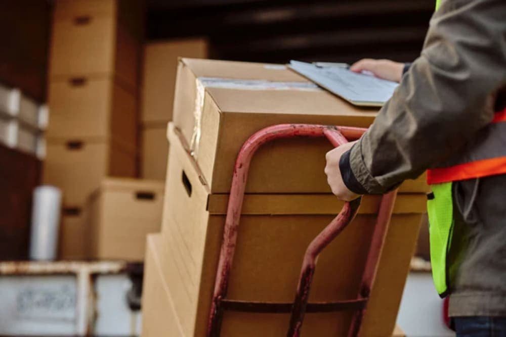 Person moving cardboard boxes with a hand truck near a truck