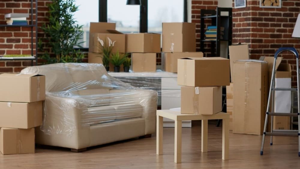 Room with a plastic-wrapped sofa, cardboard boxes, and a step ladder