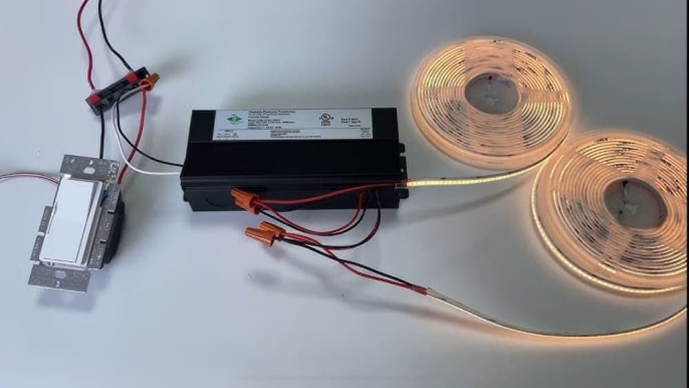 LED strip lighting setup with transformer and switch