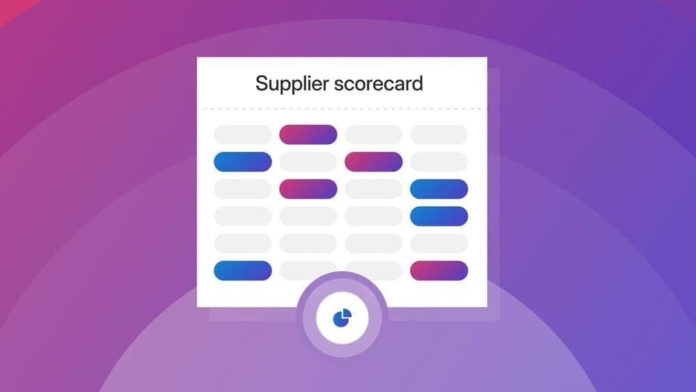 Supplier scorecard bar chart on purple gradient background with pie chart icon
