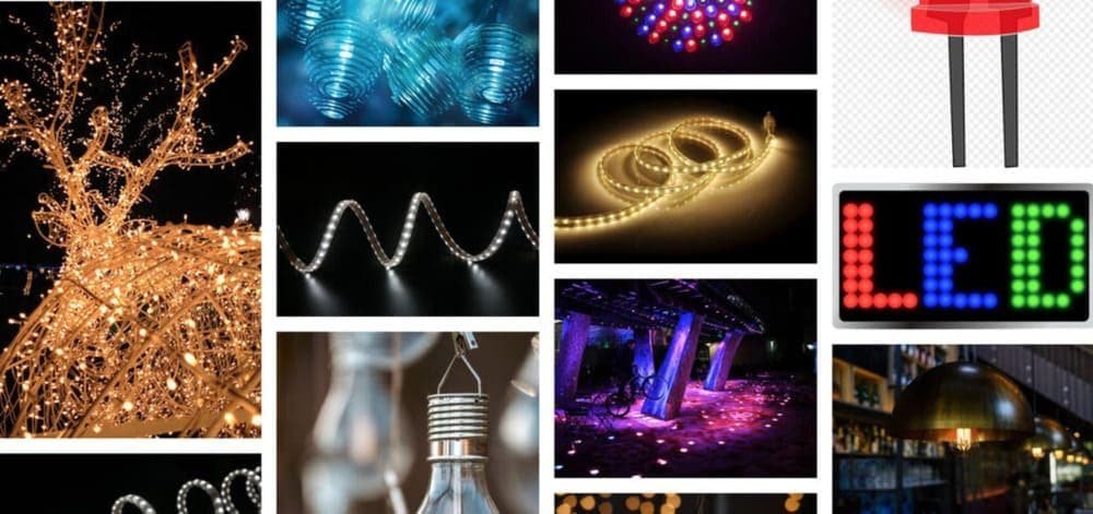 Collage of lighting and LED images including fairy lights, coiled lights, wave patterned lights, LED dots, and light bulb designs