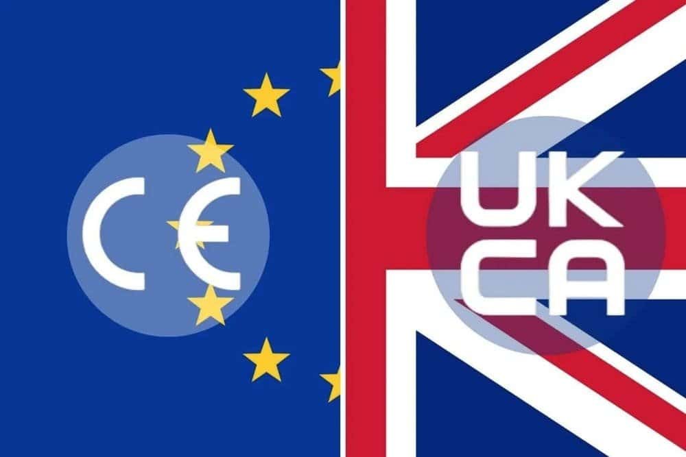 Split image of the EU and UK flags with "CE" on the EU side and "UK CA" on the UK side