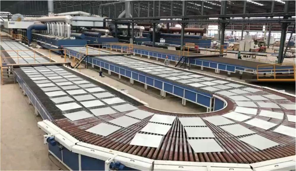 Curved conveyor belts in an industrial factory with rectangular tiles
