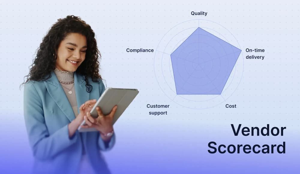 Woman using tablet with vendor scorecard radar chart