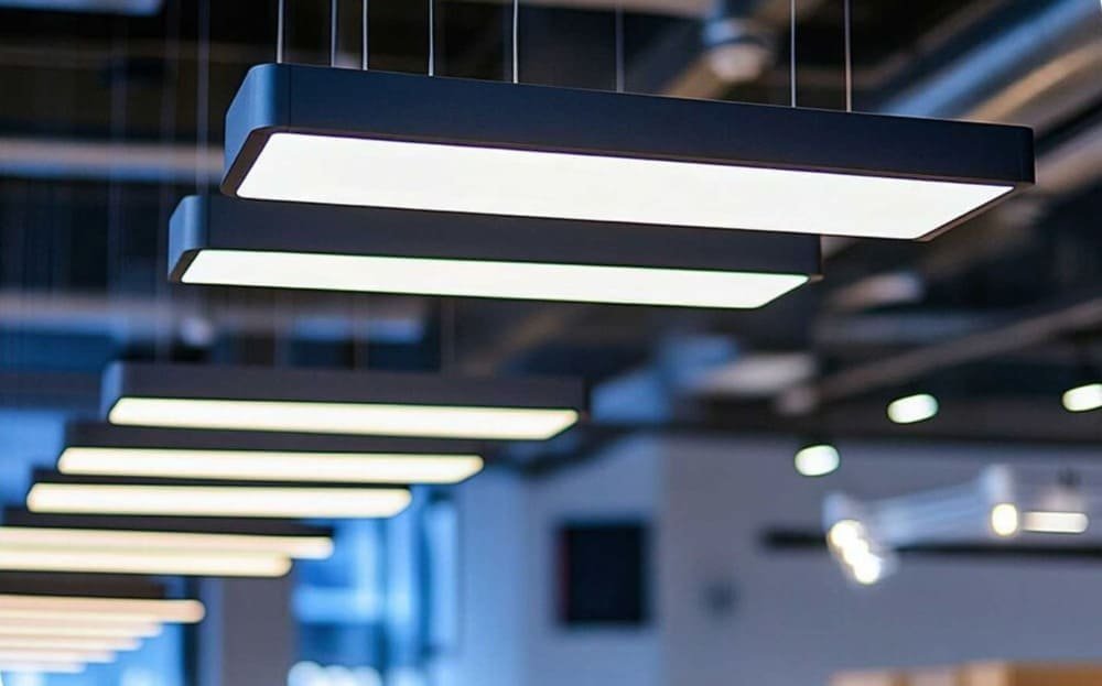 A row of rectangular ceiling lights with dark borders and bright white surfaces, suspended from an industrial-style ceiling