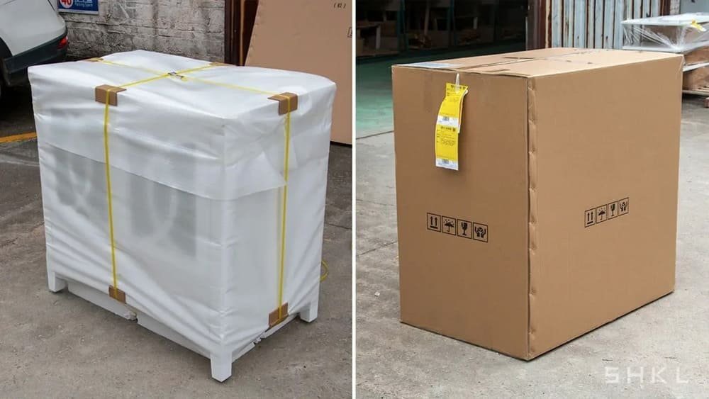 Comparison of two large packages: one wrapped in plastic with yellow straps, the other a plain cardboard box with handling symbols