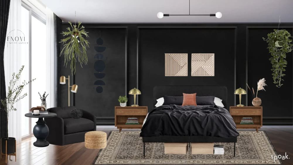 A modern bedroom with dark decor, featuring a central black bed, wooden nightstands, geometric wall art, and hanging plants
