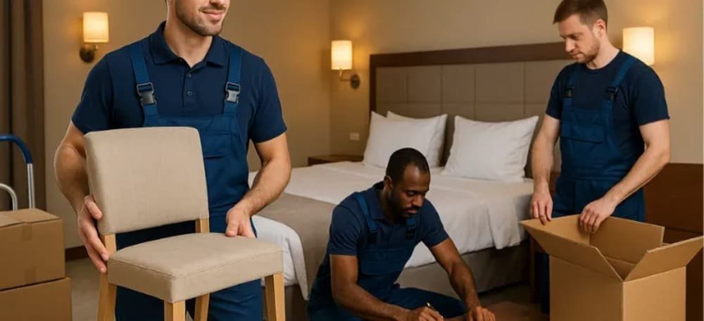 Three men in blue uniforms organizing a hotel room, with one holding a chair, another kneeling, and the third packing a box